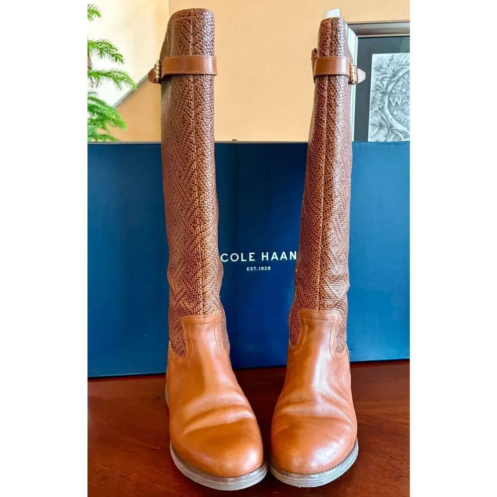 COLE HAAN - L Sz 6B Original Grand OS Woodbury-Weave Leather Tall Boots/Cognac